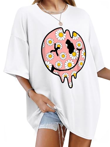 WIEIYM Women's Oversized T Shirt Ladies Baggy T Shirts Breathable Summer Tee Crew Neck Tunic Tshirt Casual Short Sleeve Tops Printed with Smile Face Graphic