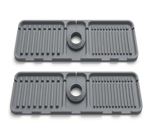 GeyTo Alfombrilla Fregadero Silicona Pack 2 | Protector Salpicaduras Cocina y Baño, Antisalpicaduras Grifo Fregadero, Drenaje Rápido, Libre de BPA, Protector Encimera Fregadero, 38 x 11,4 cm, Gris