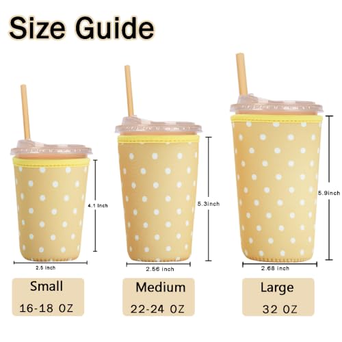 Image of Reusable Insulated Sleeve for Iced Coffee Cup, 3-Pack Coffee Neoprene Drink Sleeve for Cold & Hot Drinks, Beverage Holder for Iced Coffee (Yellow Dots)