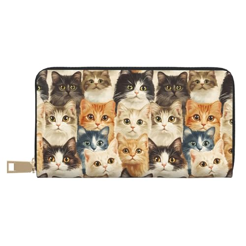 Cute Cat Face Print Wallet Women, Leather Bifold Multi Card Wallet, Long Purse Women's Wallets