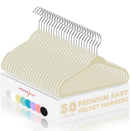 Image of HOUSE DAY Velvet Baby Hangers 50 Pack, Premium Children's Hangers for Baby, Infant & Toddler Clothes, Durable Non Slip Baby Felt Hangers Beige, 11 Inch Baby Hangers for Closet, Ideal for Everyday Use