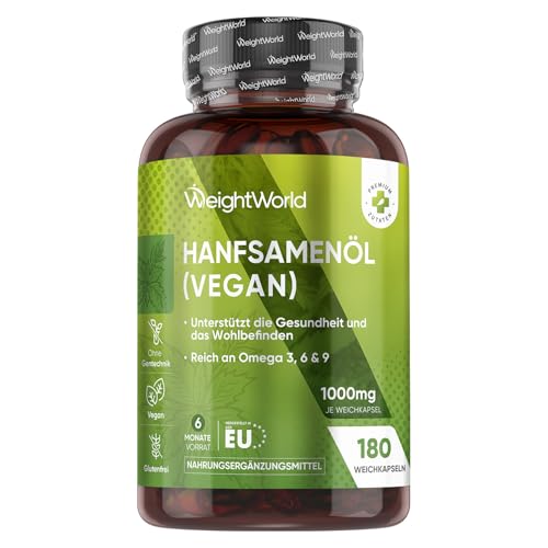 Hanföl Vegan Softgels - 1000 mg Kaltgepresste Hanfsamenöl - Reich an Omega 3, 6 & 9-1 Weichkapsel täglich - 180 Weichkapseln - 6 Monate Vorrat - Hemp Seed Oil von WeightWorld