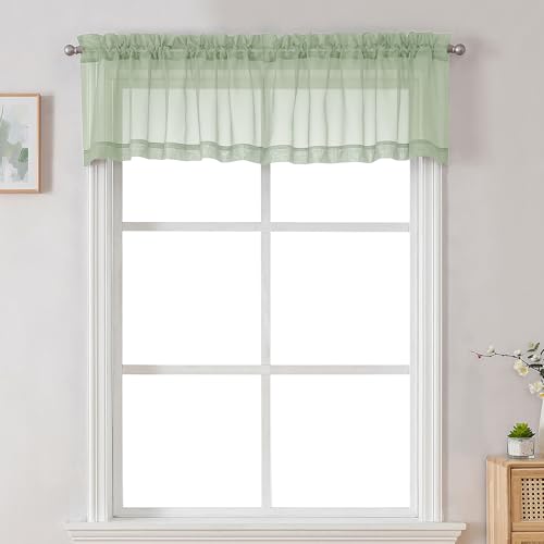 Image of Chyhomenyc Sheer Valances for Windows 2 Pack, Small Window Curtains for Living Room Bathroom Cafe Laundry Basement, Modern Top Dual Rod Pocket Voile Curtain, 42W x 18L inches, Light Green