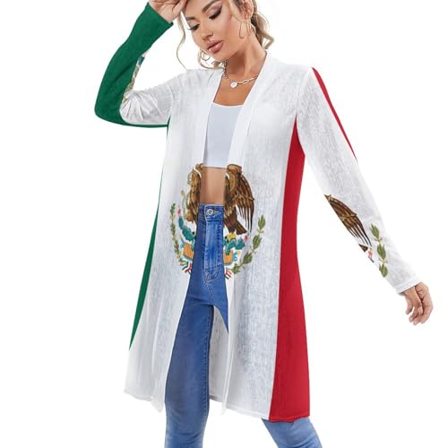 Mexican Flag Women's Medium Length Cardigan Thin Long Sleeve Cover Up Summer Open Front Tops