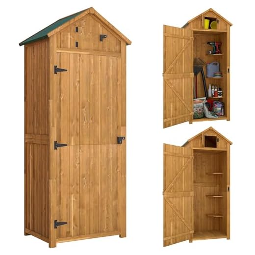 Outsunny Capanno da Giardino Piccolo in Legno, Casetta Porta Attrezzi Salvaspazio con 3 Mensole Rimovibili e Apertura sul Tetto, Tetto in Asfalto Impermeabile e Porta con Blocco, 77x54.2x179cm, Giallo