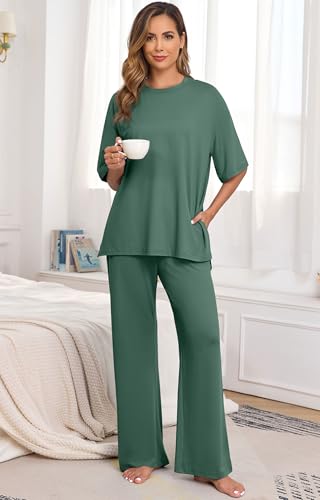 Image of PrinStory Womens Pajamas Sets 2 Piece Lounge Set Short Sleeve Tops and Long Pants Soft Pjs Loungewear with Pockets