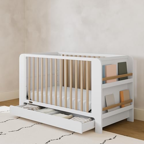 Image of Graco Read-with-Me 4-in-1 Convertible Crib with Drawer - GREENGUARD Gold Certified Converts to Toddler Bed, Daybed, and Functional Bookshelves (White and Driftwood)