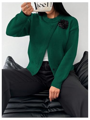 Image of MakeMeChic Women's Wrap Cardigan Sweater Flower Button Down Pullovers Tops Green Small