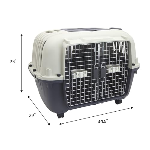 Image of SportPet Airline Compliant 2-Door Large 34.5 inch Travel Dog Kennel - Durable Plastic Pet Carrier w /Divider, Wheels, & Bowls, Collapsible Indoor /Outdoor Dog Kennel, Dogs up to 28 inch L & 20 inch H - Cream /Gray