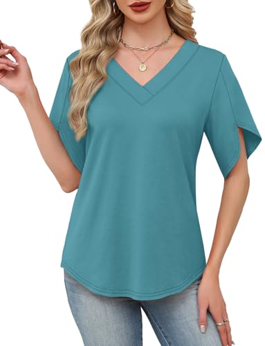 Image of WIHOLL Womens Summer Tops Short Petal Sleeve Shirts Fashion V Neck Womens Clothing