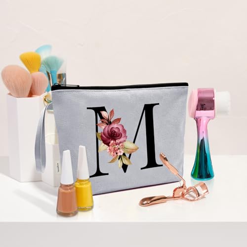 Image of Vavabox A-Z Personalized Makeup Bag, Birthday Gifts for Women Mom, Gifts for Best Friend, Bride Bridesmaid Cosmetic bag (M, Grey)