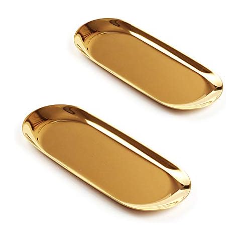 EKdirect 2pcs Gold Oval Tray Stainless Steel Cosmetics Jewelry Towel Fruit Dish Plate Cover