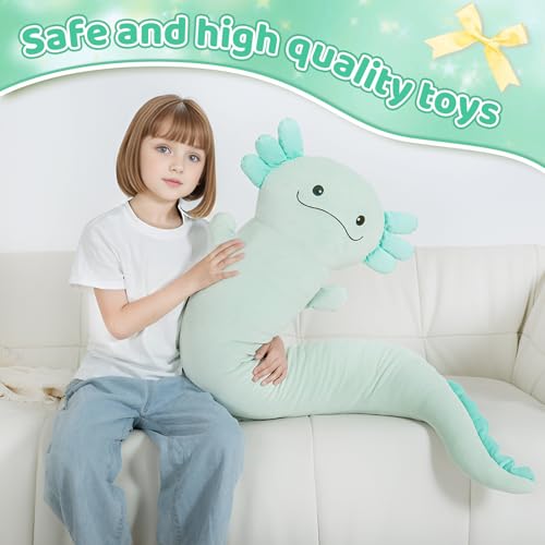 Image of Tianmihou 48 inch Giant Axolotl Plush Stuffed Animal, Big Light Green Axolotl Glow in The Dark Fluorescent Plushies, Jumbo Stuffy Body Pillow Gifts for Kids Adults, Birthday