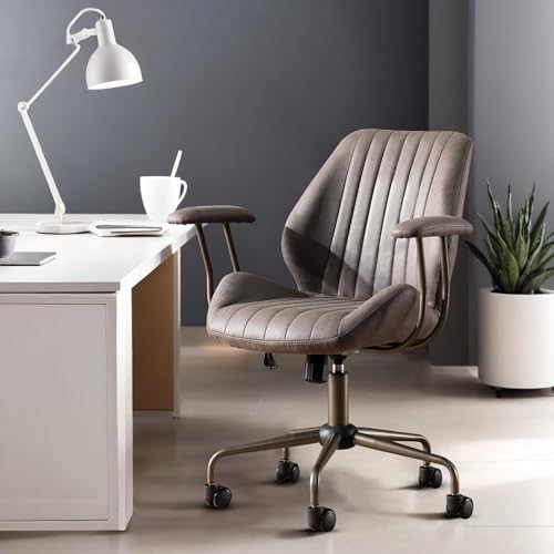 Image of Mid Back Home Office Chair, Mid Century Modern Executive Chair, Comfy Ergonomic Rolling Office Desk Chair with Lumbar Support, Faux Leather Office Chair, Dark Gray
