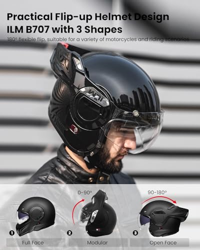 ILM Klapphelm Motorradhelm Integralhelm Herren Damen ATV UTV mit 180° Umkehrbarer Kinnschutz ECE22.06 Model-B707,Schwarzer Glanz, M