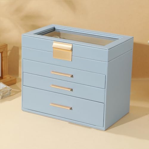 BDHD ガラス蓋付き 4段引き出し ジュエリーボックス PUレザー製 アクセサリー収納ケース ネックレス 指輪 イヤリング ブレスレット 収納 オーガナイザー 女性 プレゼント ギフト (グレーブルー,25*15*21)