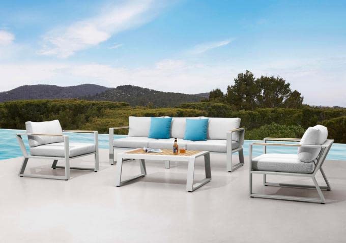 Au jardin de Chloé | Salon de Jardin en Aluminium et en Teck, EXY • 1 Canapé 3 Places, 2 fauteuils, Une Table Basse •