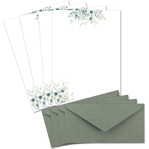 25 Briefbogen-Sets DIN A4 - Naturpapier in Creme mit Eukalyptus-Zweigen - mit Briefumschlägen DIN Lang in Eukalyptus-Grün Briefpapier bedruckbar ideal für Hochzeitseinladungen Cover