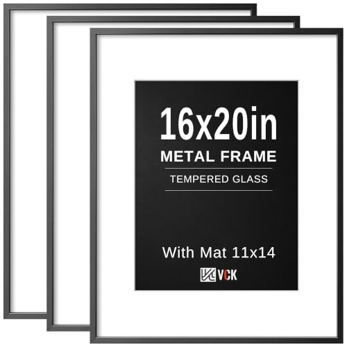 Image of VCK 16x20 Frames Black Metal, Real Glass, 11x14 Mat, 3 Pack, for Picture