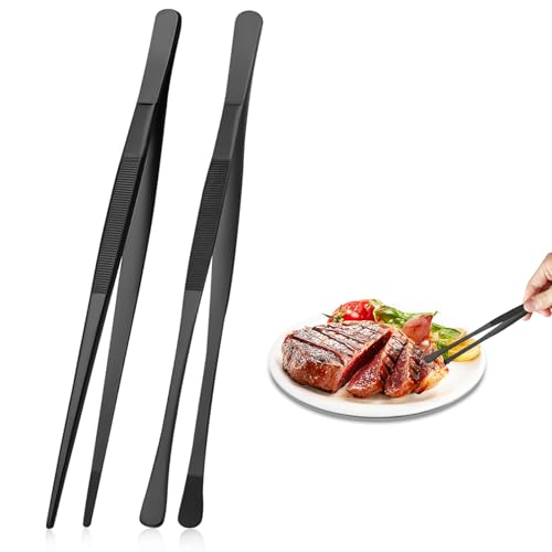 2 Pcs 30.5cm(12 Inch) Cooking Tweezers Tongs, Extra-Long Stainless Steel Tweezers Tongs, Professional Chef Tweezers for BBQ, Plating and Serving (Black)