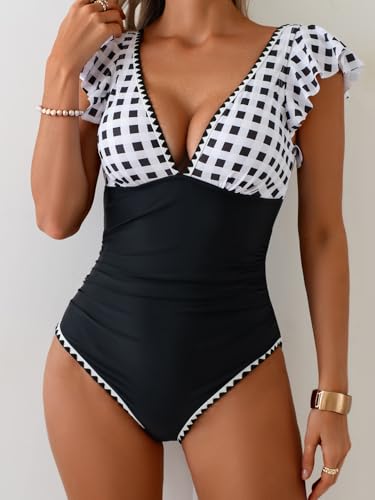 Image of Aidonger Women's One Piece Ruffle Swimsuit Tummy Control Bathing Suit V Neck Shell Stitched Swim Suit Slimming Swimwear