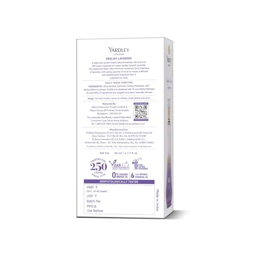 Image of Yardley London English Lavender Perfume for Women, 50ml - 90% Naturally Derived, Daily Wear Spray | Lavender & Musk Fragrance