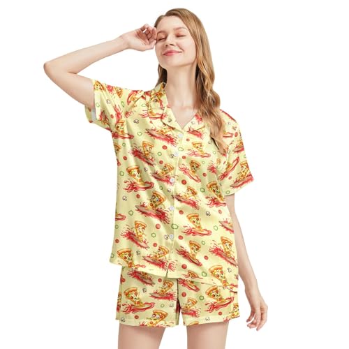 Image of Funny Satin Pajamas Set for Women Button Down Sleepwear Print Pjs Set 2 Piece Short Sleeve Loungewear Gift for Women