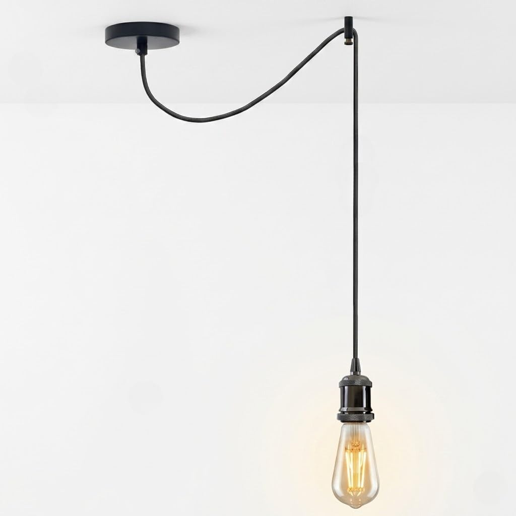 LEDSone Adjustable E27 Pendant Light with Black Fabric Cable – Industrial Vintage Hanging Ceiling Lamp Swing Arm Lamp Holder for Kitchen Island, Bedroom, Living Room & Reading Corner