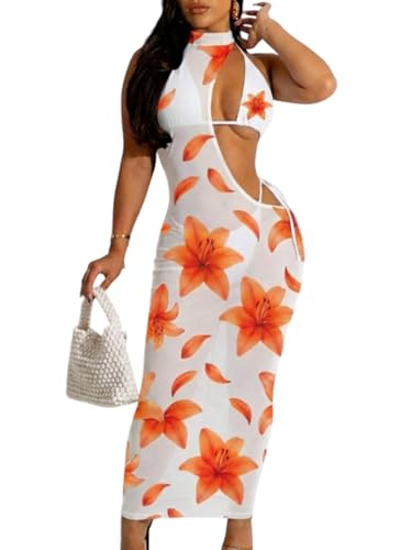 Image of Women's Sexy Swimsuit 3 Piece Thong Bikini Set Triangle Halter Bathing Suit Sheer Mesh Beach Cover Up Maxi Dress