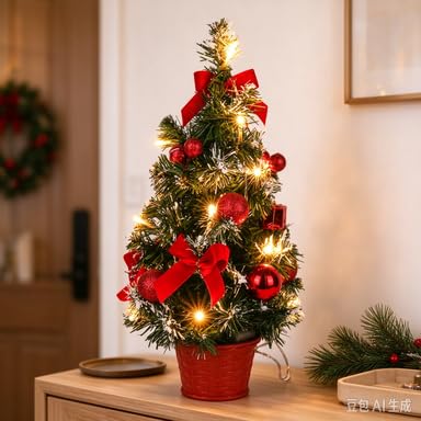 1.3 FT Artificial Bows & Needle Small Christmas Tree for Home Party Decor (Red) - image 2