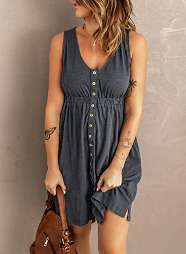 Acelitt Women Ladies Summer V Neck Button Down Tank Dresses For Women Casual Sleeveless A-Line Swing 2022 Dress Gray Xl #TOP3