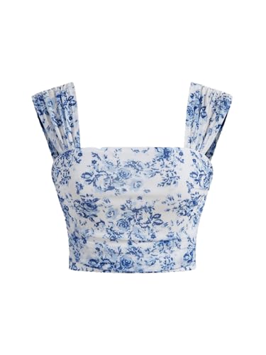 SHENHE Women's Floral Tank Top Ruched Square Neck Open Back Cute Fairy Crop Tops