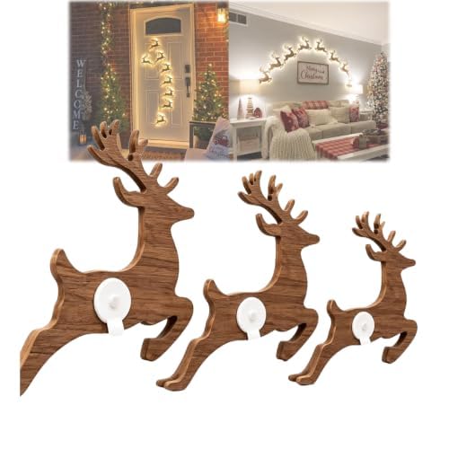 3D Light-Up Wooden Reindeer Christmas Decor (12-Pack), Warm Backlit Peel & Stick Entryway Glow, Handmade Real Wood LED Reindeer Christmas Wall Decor, for Living Room, Bedroom, Fireplace，5"-12pcs