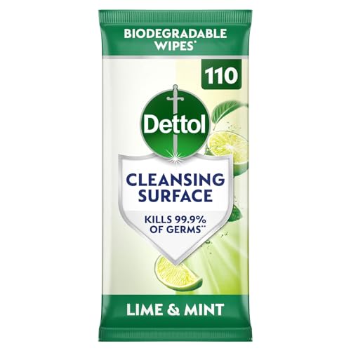 Dettol Antibacterial Cleansing Surface Biodegradable Wipes, Lime and Mint, 110 Wipes, Disinfectant, Home Hygiene, Kills 99.9 Percent of Germs
