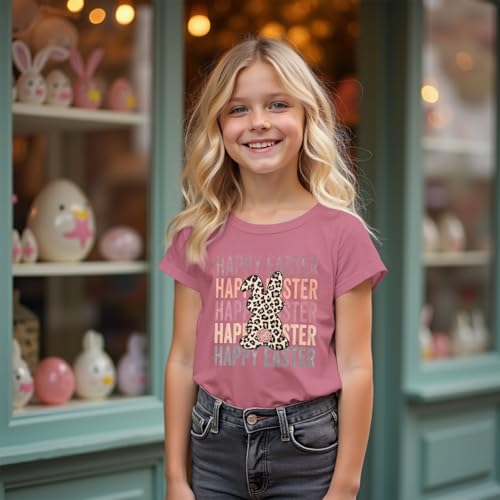 Image of Kid Girls Easter Shirts Happy Easter T-Shirt Funny Leopard Bunny Outfit Short Sleeve Tees Tops Holiday Clothes 7-12Y