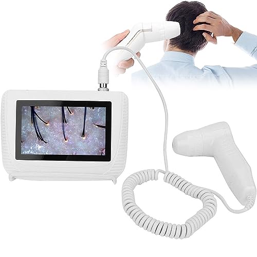 Analizador digital de vello cutáneo – Microscopio LCD de lente 5 en 1 50X/200X, detector de cuero cabelludo portátil recargable, lupa profesional de humedad folicular y aceite, probador de pigmentos