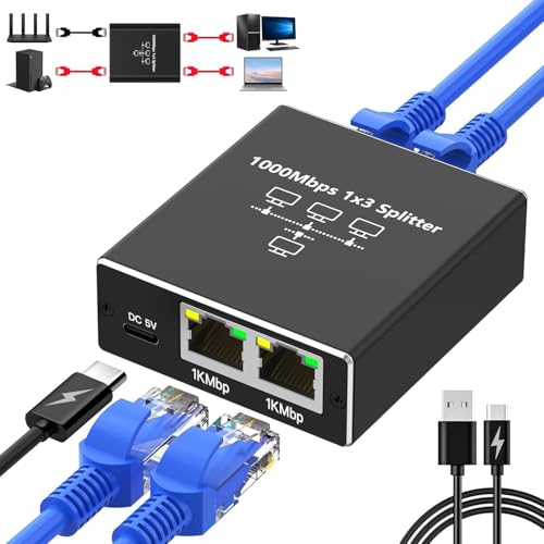 CCHELIZI Ethernet Splitter 1 to 3 High Speed 1000Mbps RJ45 Socket LAN Splitter with USB C Power Cable [3 Devices Share Network] Gigabit Ethernet Splitter for Ethernet Cat 8/7/6/5/5e Cable (1 to 3)