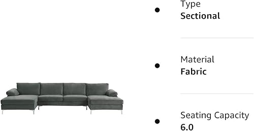 Miniatura 7 de Casa Andrea Milano Moderno sofá seccional grande de tela de terciopelo en forma de U, diván doble extra ancho, gris