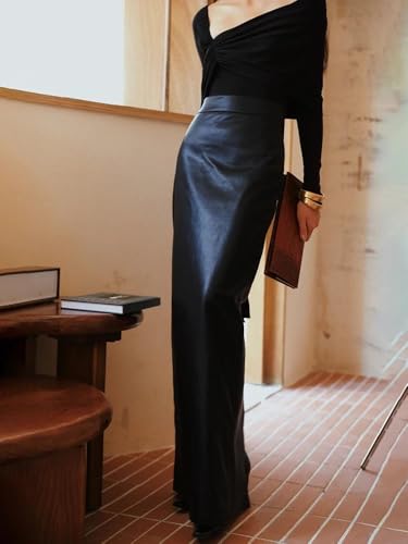 Pohullan Women Soft Pu Leather Floor Length Straight Skirt with Back Slit High Waist Extra Long Skirt2