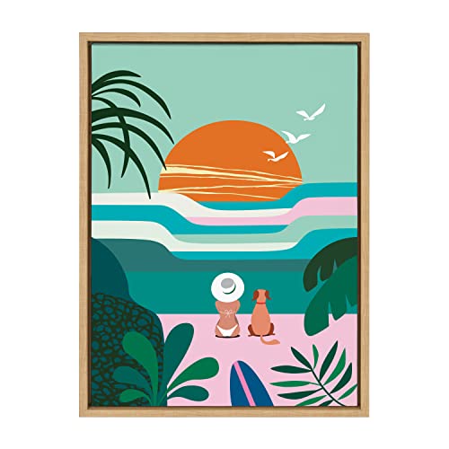 Kate and Laurel Sylvie Sun Flock Framed Canvas Wall Art by Rachel Lee of My Dream Wall, 18x24 Natural, Colorful Ocean and Dog Sunset Art