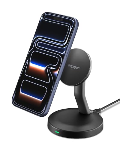 Spigen Essential 15W MagSafe Ladegerät [inkl. 60W USB-C Kabel] Magnetische Kabellose Ladestation für iPhone 17 16 15 14 13 Pro Max Air & MagSafe Hüllen für Galaxy S25, Pixel 10 9 8 Pro XL 9a - Schwarz