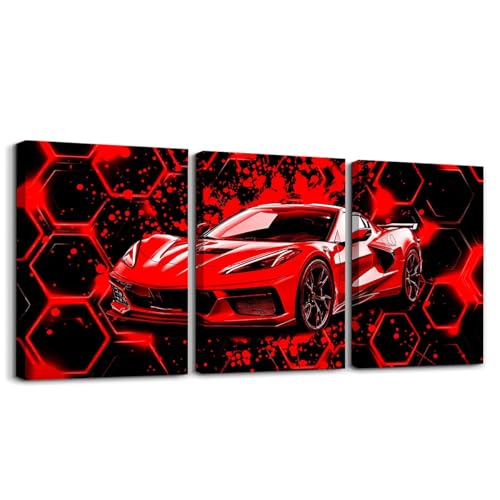 Feelyou 3 Piece Kids Boys Red Race Car Canvas Wall Art for Living Room Sport Racing Car Picture Wall Decor for Dining Room Bedroom Bathroom Speed Car Wall Art Kitchen Print Painting for Home Decor