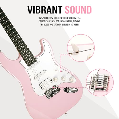 soulmate 39 inch full size electric guitar starter kit for beginners solid body hss pickups with 15w amp gig bag capo strap strings cable picks right-handedpink