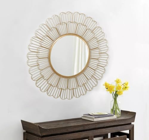Image of Artemade Light Golden Iron Framed Round Wall Mounted Mirror - Vintage Design Decorative Hanging Mirror for Living Room, Bedroom & Home Decor | Modern Art Accent Wall Mirror