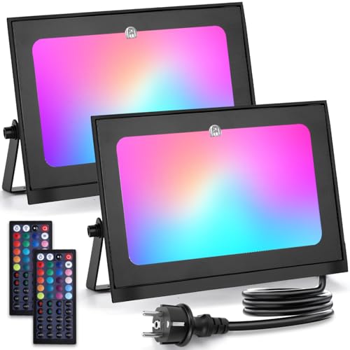Aigostar - Projecteur LED RGB d’extérieur de 50W,6 Modes Stroboscopiques,Mode DIY, Minuterie.Projecteur led avec Prise et Étanchéité IP65 pour jardin, Câble de 1,5 m,2 Pièces