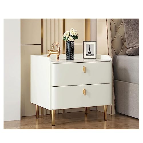Mesita de noche de madera maciza con 2 cajones y parte superior de mármol sintético, elegante mesa auxiliar para dormitorio con acabado de piel sintética