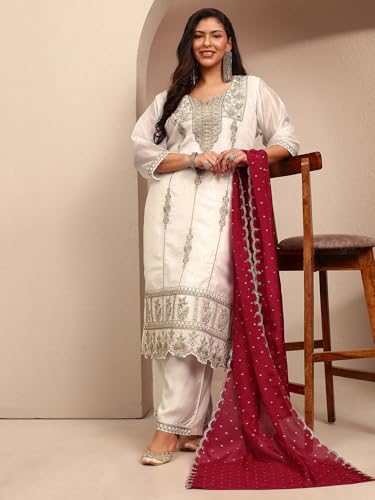 Image of Plus Size Embroidered Organza Straight Kurta With Trouser and Dupatta
