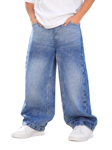 Image of KiddoPanti Boys Baggy Jeans | Stretch Denim Wide Leg Jeans | Elastic Waist Casual Denim Pants | Cotton Blend Loose Fit with 4 Pockets | Kids Street wear | 2-14 Years