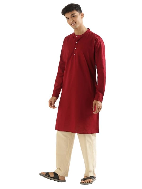 Image of SAADAA Men's Long Kurta - Linen Cotton Blend, Airy Fabric, Regular Fit, Mandarin Collar, Solid Color - Casual, Festive & Ethnic Wear
