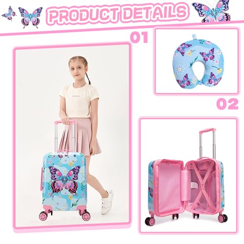 Image of Kids Luggage Set 2 Pcs Carry On Rolling Suitcase with U shaped Pillow Butterfly Toddler Suitcase for Girls Hardside Luggage with Spinner Wheels Airline Approved